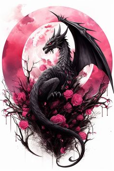 a black dragon sitting on top of a tree with pink flowers in front of a full moon