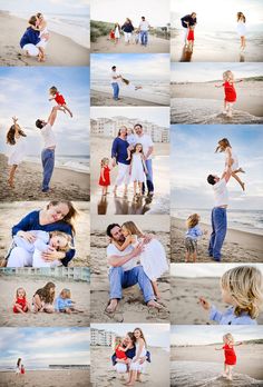 a collage of family photos on the beach