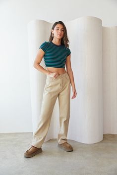 Can't go wrong with the Drew High-Rise Wide Leg Jeans! These trendy tan pants feature a lightweight denim material with a flattering high waist and roomy wide leg fit. Pair with the Justine Striped Baby Tee to complete this effortlessly cool look! Details 100% Cotton Contrast stitch detail Double front and back pockets Zipper fly with button closure Belt loops Material has no stretch Hand wash cold / hang dry Contrast Stitch Pants, Stitch Pants, High Rise Wide Leg Jeans, Tan Pants, Denim Material, Contrast Stitch, Baby Tee, Wide Leg Jeans, Infant Tees