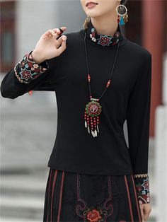 Description Product ID: TP2051638 Shell Material: Spandex, Lycra Pattern: Embroidery Closure: Pullover Sleeve: Long Sleeve Season: Spring, Autumn Style: Fashion, Ethnic, Vintage Occasion: Travel, Holiday, Picnic Package included 1 * Shirt Size Chart (Asian Size): Please allow 1-3 cm measured error. Size Length Chest Sleeve Length L 55cm | 21.7 in 90cm - 100cm | 35.4'' - 39.4 in 56cm | 22.0 in XL 56cm | 22.0 in 94cm - 104cm | 37.0'' - 40.9 in 57cm | 22.4 in XXL 57cm | 22.4 in 98cm - 108cm | 38.6' Neck Flower, Pattern Embroidery, Autumn Style, Flower Embroidery, Shirt For Women, Embroidery Flowers, Season Spring, Black Shirt, Style Fashion