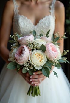 a bride holding a bouquet of flowers in her hands