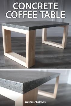 concrete coffee table with the words concrete coffee table on top and below it, in front of