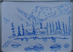 a blue and white drawing of a cabin on the water with mountains in the background