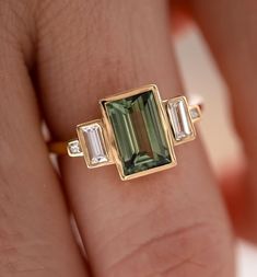 Three Gem Ring, Bezel Sapphire Engagement Ring, Engagement Ring Modern, Emerald Stone Rings, Australian Sapphire, Green Sapphire Engagement, Vintage Style Engagement Rings, Sweet Jewelry, Modern Engagement Rings