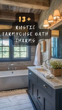 Ready to cozy up your bathroomClick to discover 13 rustic farmhouse bathroom ideas that blend nostalgia with modern comfortFind your styleFarmhouseBathroom RusticCharm HomeDecor BathroomDesign CozyInteriors Master Bath Vanity Ideas Double Sinks Rustic, Bathroom Remodel Unique, Rustic Shower Remodel Ideas, Country Home Bathroom Ideas, Farmhouse Master Bath Flooring, Bathroom Ideas With Wood Walls, Bathroom Remodel Industrial, Farmhouse Bathroom Wood Floor, Traditional Rustic Bathroom