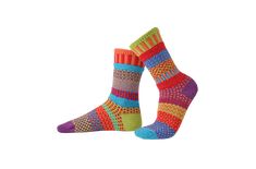 Like a cone of berry-flavored sherbet on a hot day, these socks will put a big smile on anyone's face. Made in the USA from recycled materials, this rainbow palette of beautiful colors is the perfect addition to any sock drawer. Colors in this sock: purple, lime green, red, orange, turquoise. Solmate Socks, Rainbow Socks, Rainbow Palette, Matching Socks, Colour Matching, Sock Drawer, Recycled Yarn, Cotton Socks, Recycled Cotton