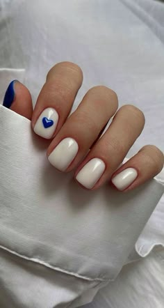 45 Pretty Short Nails For Spring & Summer : Blue Cobalt Heart Milky Nails Short Gel Nails, Casual Nails, Short Nail Designs