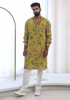 Mahima Mahajan Men-Asim Yellow Kurta And Pants-INDIASPOPUP.COM Jay White, Kurta And Pants, Kurta Pants, Yellow Kurta, Kurta Pant Set, Mens Kurta Designs, Colour Texture, Nyc Studio, Printed Jacket