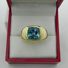 AAAA London Blue Topaz   9x9mm  4.57 Carats   Heavy 14K Yellow gold GENTS 20 gram ring 2270 Formal Blue Topaz Gemstone Signet Ring, Modern Gold Blue Topaz Ring, Formal Gold Rings With Blue Topaz, Gold Rings With Blue Topaz For Formal Occasions, Gold Rings With Blue Topaz For Formal Events, Formal Gold Ring With Blue Topaz, Formal Yellow Gold Blue Topaz Ring, Formal Yellow Gold Gemstones With Blue Topaz, Blue Topaz Gemstone Signet Ring