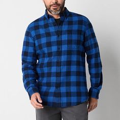 This men's shirt from St. John's Bay is tailored from soft cotton-flannel patterned with classic checks. Cut for a classic-fit; this button-down has a stay-in-place button collar, front patch pocket, and a curved hem for easy layering-team yours over a tee with jeans.Closure Type: ButtonFit: Classic FitNeckline: Collar NeckPockets: 1 Chest Slip PocketSleeve Length: Long SleeveSleeve Style: Cuffed SleeveFiber Content: 100% CottonFabric Description: FlannelCollar: Button Down CollarCare: Tumble Dr Flannel Shirts, Long Sleeve Flannel, Large Shirts, Cotton Flannel, Flannel Shirt, Patch Pocket, Shirts Tops, Checks, Mens Shirts