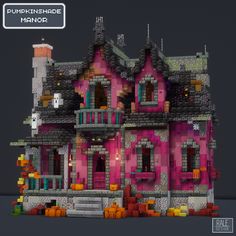 a pink house with lots of pumpkins on it