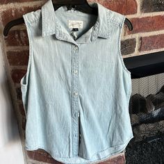 Sleeveless Denim Top, Button Down, Extra Small. Striped Shirt Women, Collarless Shirt, Long Sleeve Denim Shirt, Long Sleeve Flannel, Jeans Button, White Sleeveless, Green Blouse, Poplin Shirt, Linen Top