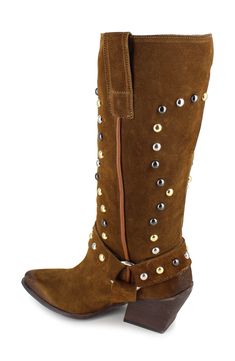 Mixed metallic studs gleam on a classic suede Western boot complete with harness hardware. 2 1/4" heel 11 1/4" shaft; 14" calf circumference Pull-on style Leather upper, lining and sole Made in Italy Western Boots With Silver Studs For Fall, Western Boots With Rhinestone Rivets For Fall, Western Leather Boots With Rivets, Leather Boots With Silver Studs And Snip Toe, Fall Leather Boots With Rhinestone Rivets, Studded Suede Boots, Western Leather Boots With Silver Studs, Studded Suede Boots For Fall, Fall Suede Boots With Studs