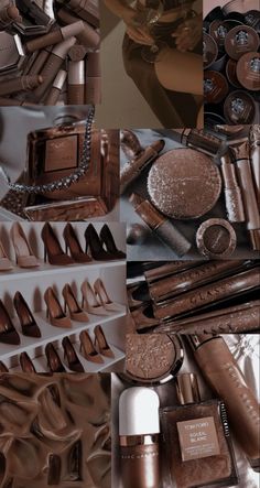 the collage shows many different types of shoes and cosmetics on display in multiple pictures