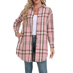 Cueply Long Sleeve Plaid Shirts Shacket Jacket for Women Oversized Work Tunic Tops Details: Enjoy a relaxed, long-sleeved design crafted from soft brushed polyester-cotton, perfect for all-day wear. Practical Pockets: Equipped with two handy side pockets for storing essentials like keys or a phone while on the go. Chic pattern: Enhances your wardrobe with a classic checkered pattern that never goes out of style, suitable for various occasions. SIZE S: Length--34.80", Shoulder--24.21", Bust--41.3 Fall Flannel, Fleece Plaid, Collared Jacket, Plaid Shirts, Plaid Outfits, Chic Pattern, Flannel Women, Flannel Jacket, Wool Blend Jacket