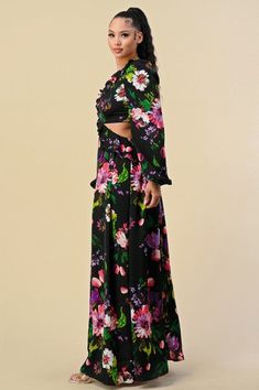 Floral print on a black background Deep V neckline, full length maxi dress, side cutouts Material: 100% Polyester Deep V Maxi Dress, Shopping App, V Neckline, Floral Maxi, Floral Maxi Dress, Deep V, Black Background, A Black, Black Backgrounds