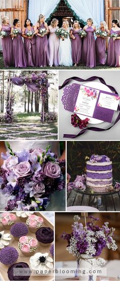 a collage of photos with purple and white flowers, cake, and cupcakes