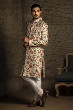 Shop for PS Men by Payal Singhal Beige Dupion Silk Chidiya Print Sherwani Set for Men Online at Aza Fashions Silk Churidar, Payal Singhal, Tarun Tahiliani, Vogue India, Dupion Silk, Churidar, Mandarin Collar, Festival Wear, Aza Fashion