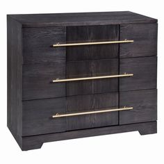 a wooden dresser with gold handles and drawers