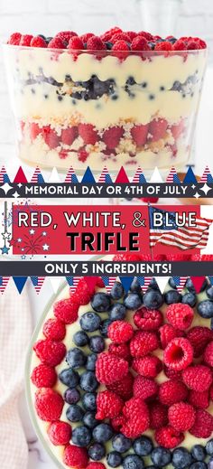 red, white and blue trifle cake on a plate with the words memorial day or 4th of july