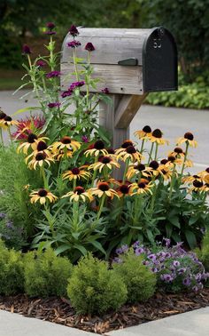 a mailbox surrounded by flowers and greenery