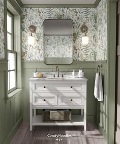 a white sink sitting under a bathroom mirror next to a green wallpapered wall