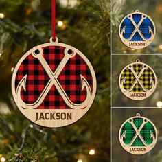 personalized lumber christmas ornament with crossed axes and plaid pattern on the front