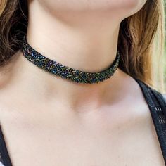 "Level up your look with our seed beed choker necklace! Crafted from an array of iridescent seed beads, this necklace will give you the perfect touch of style you need. Whether you want to spice up a casual look, or dress up for a special occasion, this beaded choker will make sure you stand out from the crowd and capture everyone's attention. Plus, with shipping from USA and a price tag under 20, it's the perfect present for any special woman in your life! Please be careful while choosing from Beaded Choker Patterns, Beaded Chocker Ideas, Choker Necklace Beads, Choker Patterns, Beaded Ribbon, Crochet Necklace Pattern, Native Beading, Native Beading Patterns