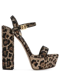 beige/black all-over leopard print crystal embellishment buckle-fastening ankle strap goatskin branded leather insole almond toe open toe high block heel 105mm gold-tone logo plaque 00s Mode, Woman Sandals, Dolce E Gabbana, Pretty Shoes