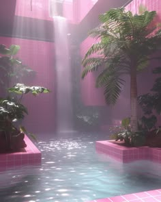 an indoor swimming pool with pink tiles and palm trees in the middle, surrounded by greenery