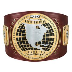 the north american championship belt is shown in gold and red with a map on it