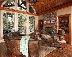 a living room filled with furniture and a fire place in front of a large window