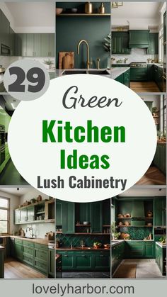 29 Stunning Green Kitchen Cabinet Ideas: Lush, Nature-Inspired Hues Green Kitchen With Black Cabinets, Green Kitchen Makeover, Green Kitchen With Wood Island, Kitchen In Green Color, Eucalyptus Cabinets Kitchen, Green Kitchen Countertops Ideas, Small Kitchen Green Cabinets, Kitchen Cabinet Green Color Ideas, Hunter Green Kitchen Walls