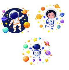 an astronaut in space with stars and planets around him, set of three illustrations on white background