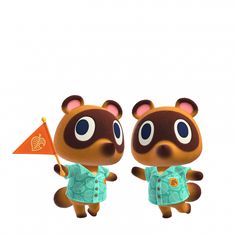 an animal crossing character holding a flag and wearing a blue shirt, standing next to another animal