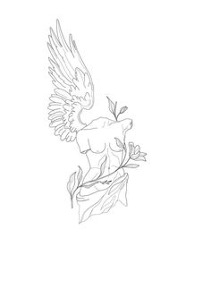 a black and white drawing of a bird with wings on it's back sitting on a branch