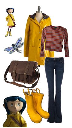 a yellow raincoat, striped shirt, jeans and boots are featured in this image