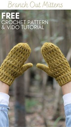 two hands wearing knit mittens with text that reads free crochet pattern and video guide