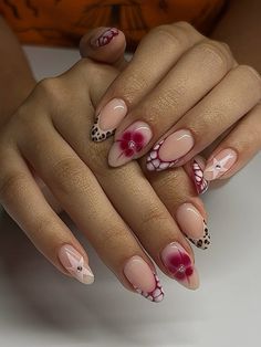 @gelxbyruby ig & tiktok Blooming Gel Almond Nails, Red Nails With Flower Design, Almond Nails Designs Blooming Gel, Red Blooming Gel Nails, Nail Inspo Blooming Gel, Almond Nails Aura Design, Natural Almond Nails, Bubble Nails, Nyc Nails