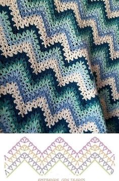 the crocheted afghan is shown in three different colors and has an intricate design on it