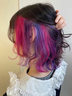 Multicolor Peekaboo Hair, Aveda Vibrant Formulas, Peek A Boo Hair Dye, Pink And Purple Highlights In Brown Hair, Purple Ends Hair, Purple Underdye Hair, Hair Dye Patterns, Cool Hair Dye, Purple Peekaboo Hair