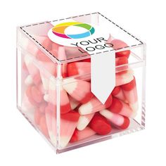 a clear box filled with candy hearts and a sticker that says your logo on it