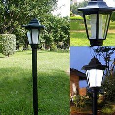 three different views of a lamp post in the grass and one with a light on it