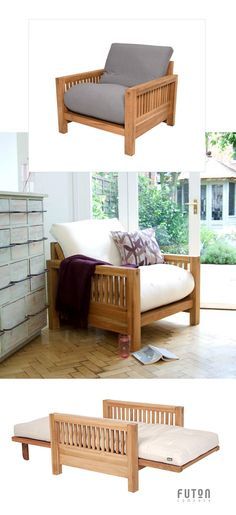 the bed frame is made out of wood and has two pillows on top of it