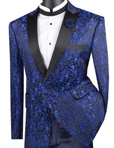 Blue Regular Fit Floral Pattern Jacket Peak Lapel Blue Prom Suit, Homecoming Outfits For Guys, Fancy Pattern, Prom Tuxedo, Satin Suit, Blue Tuxedos, Pattern Jacket, Homecoming Outfits, Elegant Jacket