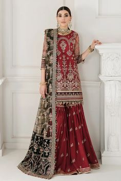 Maroon Embroidered Designer Gharara Style Suit | Best Indian Clothing for Women - The entrancing red 3-piece ensemble featuring an elegant top with iridescent embroidery Velvet Dupatta, Embroidery Motif, Chiffon Style, Velvet Sleeve, Kurta Dress, Embroidered Velvet, Chiffon Collection, Party Wear Lehenga, Embroidered Dupatta