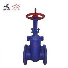 an image of a blue gate valve with red handle on the top and bottom end