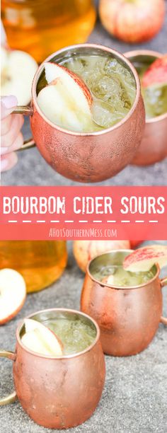 bourbon cider sours with apples in the background and text overlay that reads bourbon cider sours