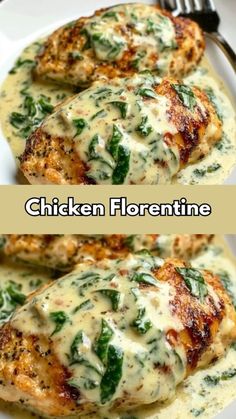 chicken florentine with spinach and cheese on top is shown in two separate images