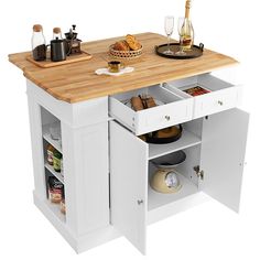 a kitchen island with drawers and cutting board